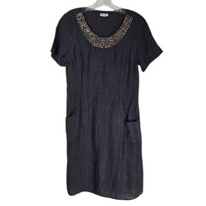 Lina Tomel Dress Women’s S Blue Linen Beaded Neckline Shift Pockets Short Sleeve
